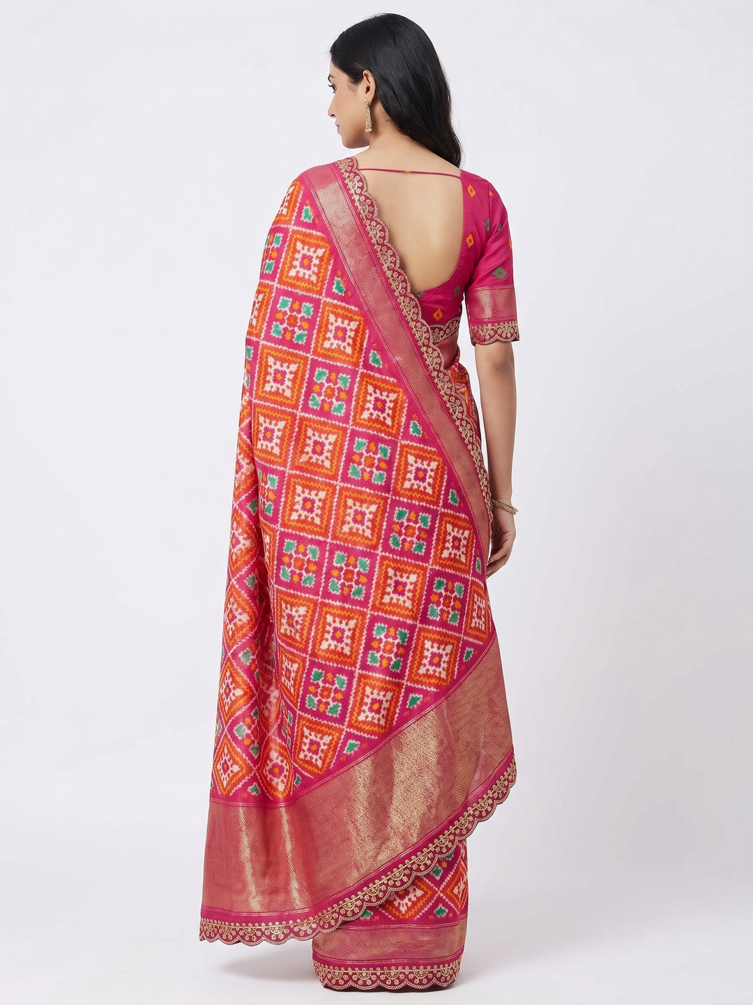 Pink Ikkat Printed Dola Silk Saree With Sequins Embroidery Border - Image 3