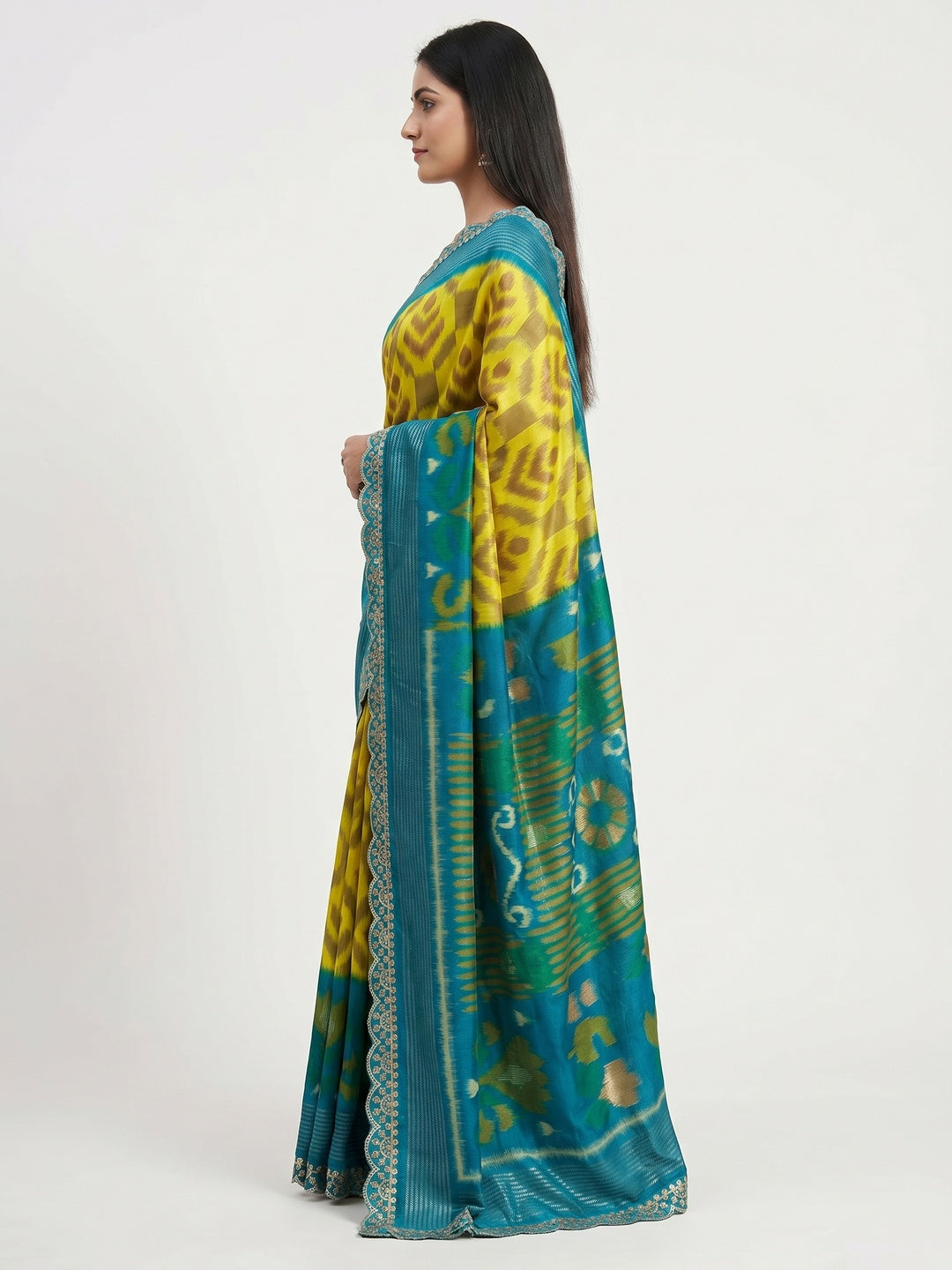 Lemon Yellow Ikkat Printed Dola Silk Saree With Sequins Embroidery Border - Image 3
