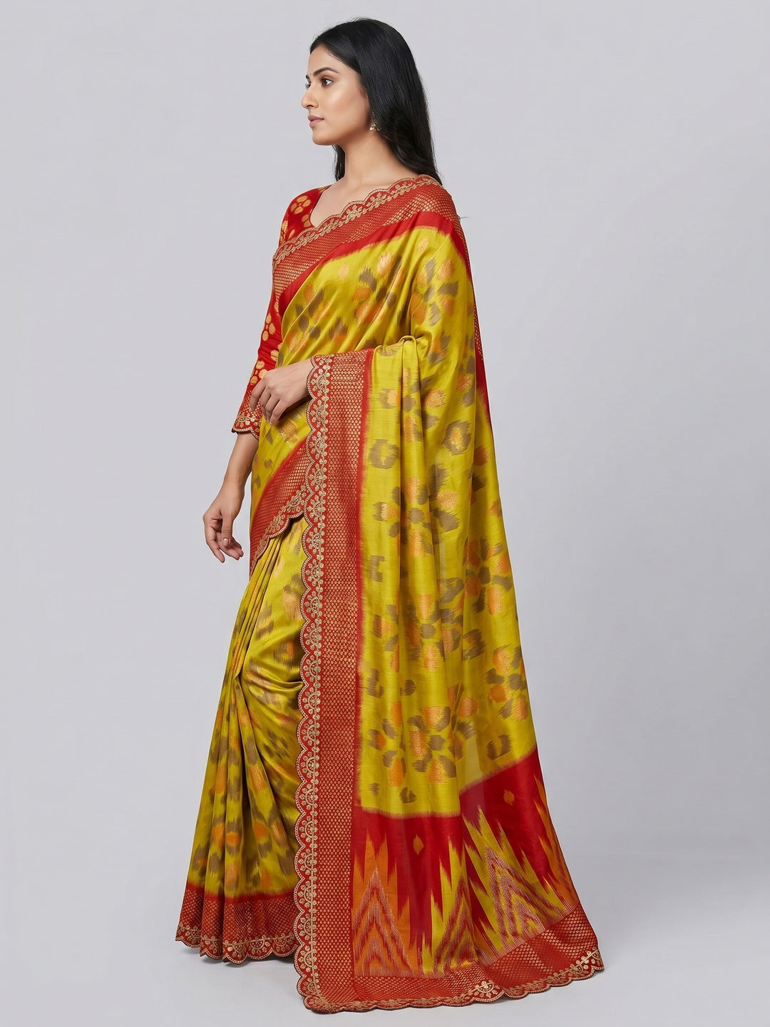 Olive Ikkat Printed Dola Silk Saree With Sequins Embroidery Border - Image 3