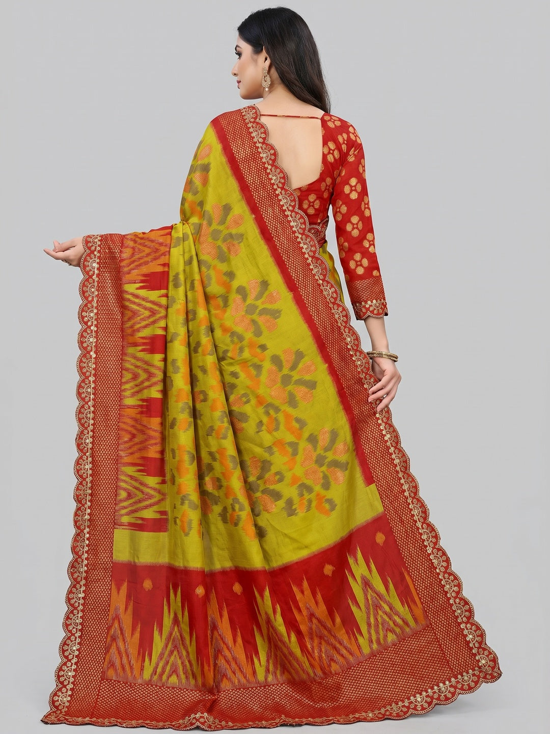 Olive Ikkat Printed Dola Silk Saree With Sequins Embroidery Border - Image 2