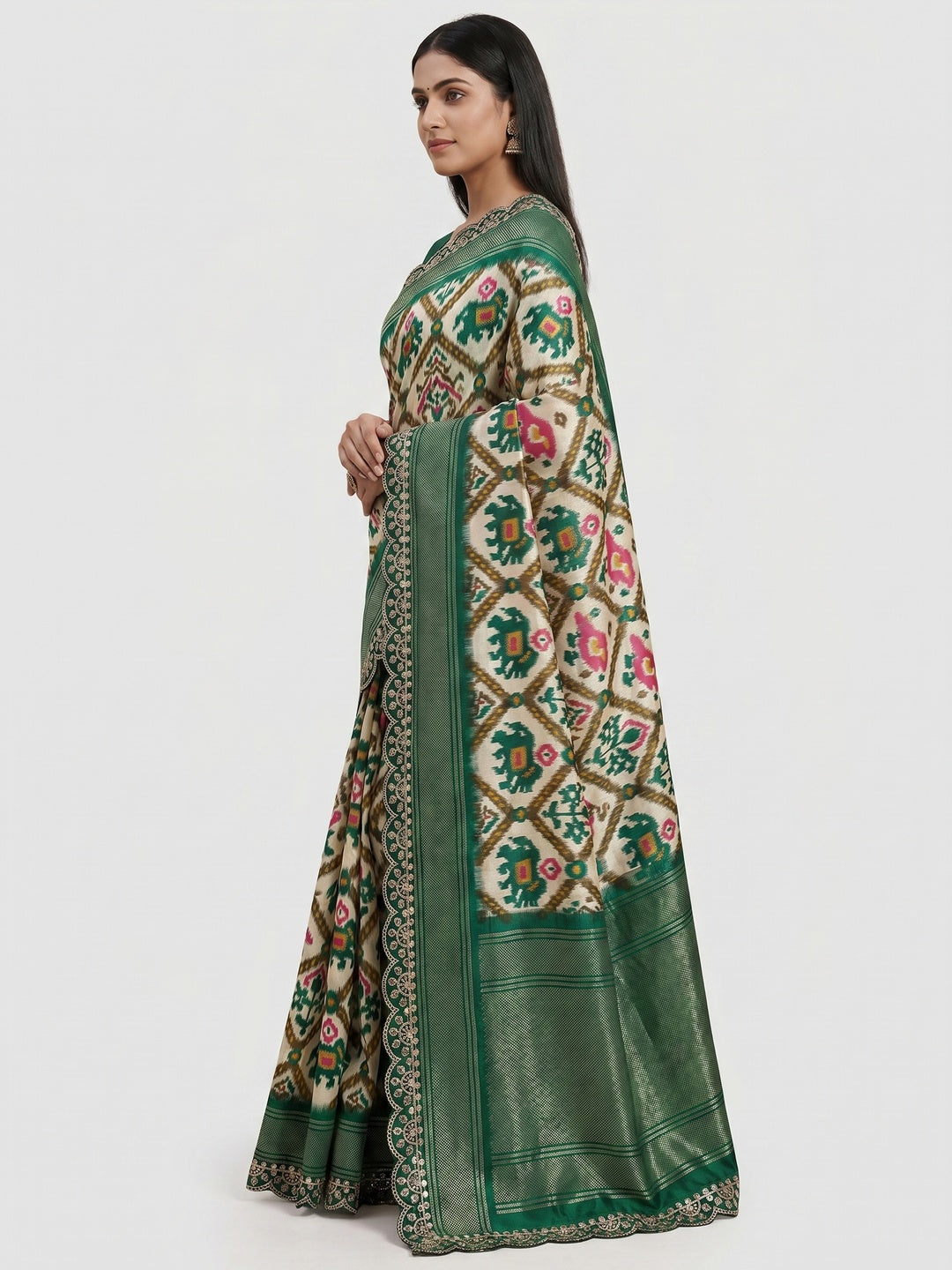 Off White & Green Ikkat Printed Dola Silk Saree With Sequins Embroidery Border - Image 3