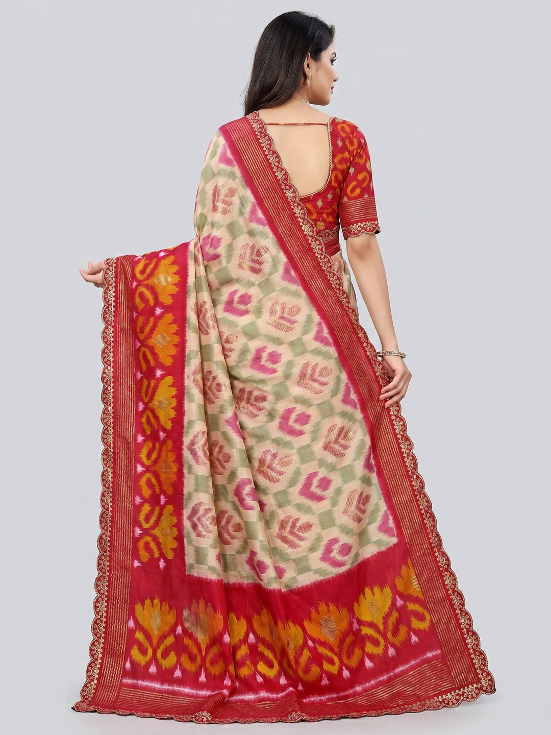 Beige & Pink Ikkat Printed Dola Silk Saree With Sequins Embroidery Border - Image 3