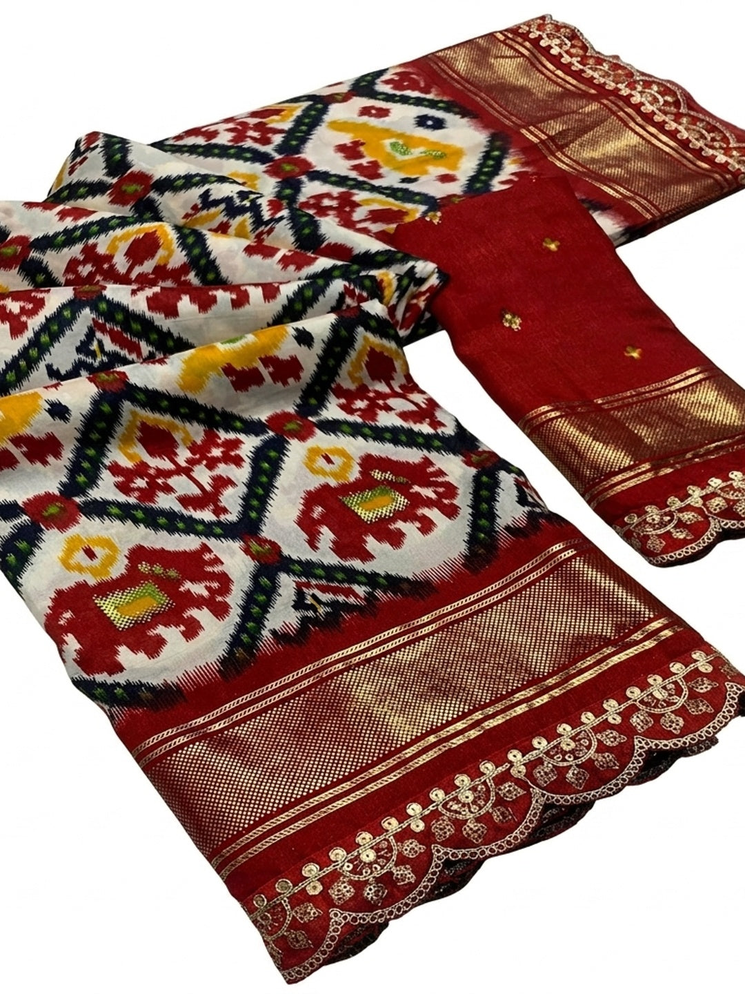 Off White & Red Ikkat Printed Dola Silk Saree With Sequins Embroidery Border - Image 2