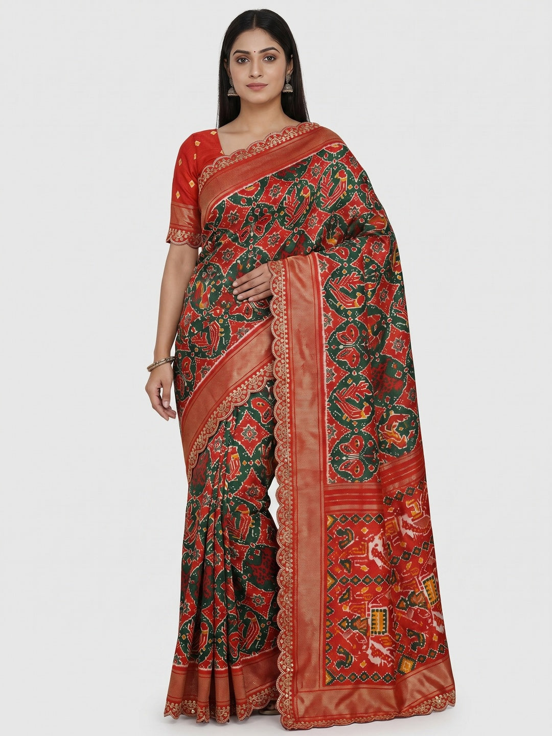 Green & Red Ikkat Printed Dola Silk Saree With Sequins Embroidery Border - Image 1