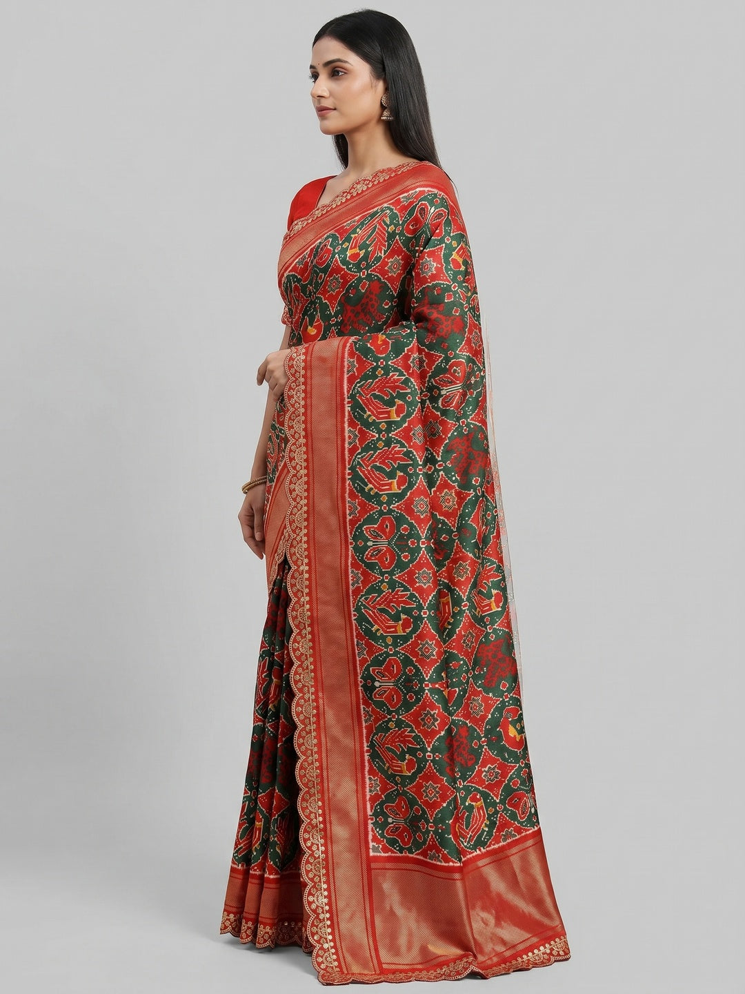 Green & Red Ikkat Printed Dola Silk Saree With Sequins Embroidery Border - Image 3