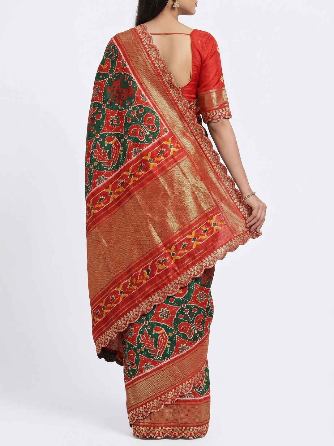 Green & Red Ikkat Printed Dola Silk Saree With Sequins Embroidery Border - Image 2