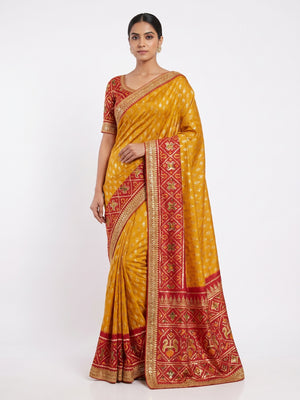 Mustard & Red Ikkat Printed Dola Silk Saree With Sequins Embroidery Border - Image 1