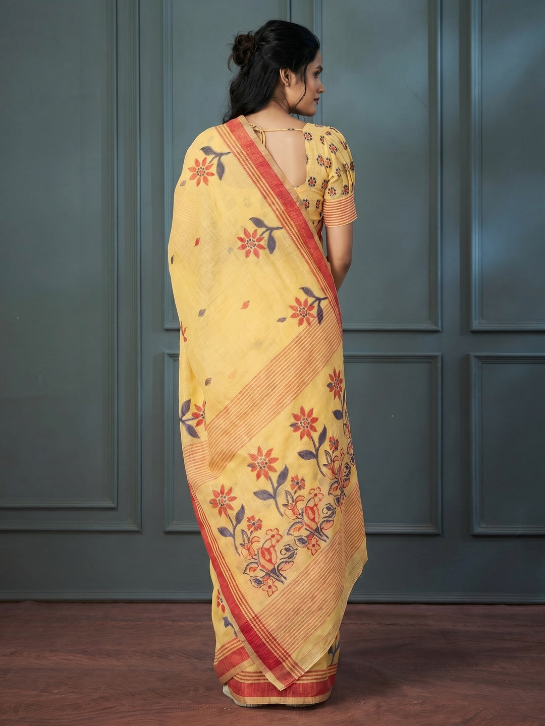 Yellow Floral Woven linen Saree - Image 1