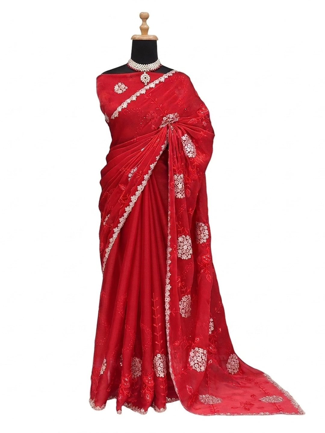 Red Sequins Embroidered Chiffon Saree - Image 2