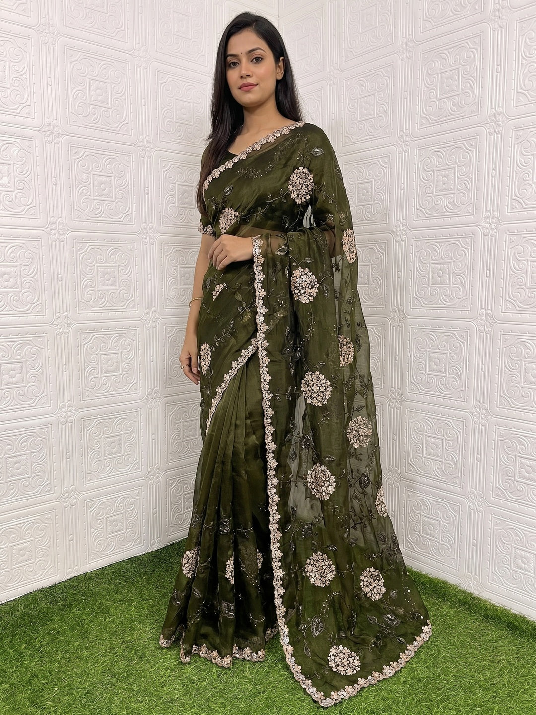 Green Sequins Embroidered Chiffon Saree - Image 2