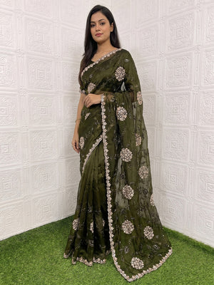 Green Sequins Embroidered Chiffon Saree - Image 2