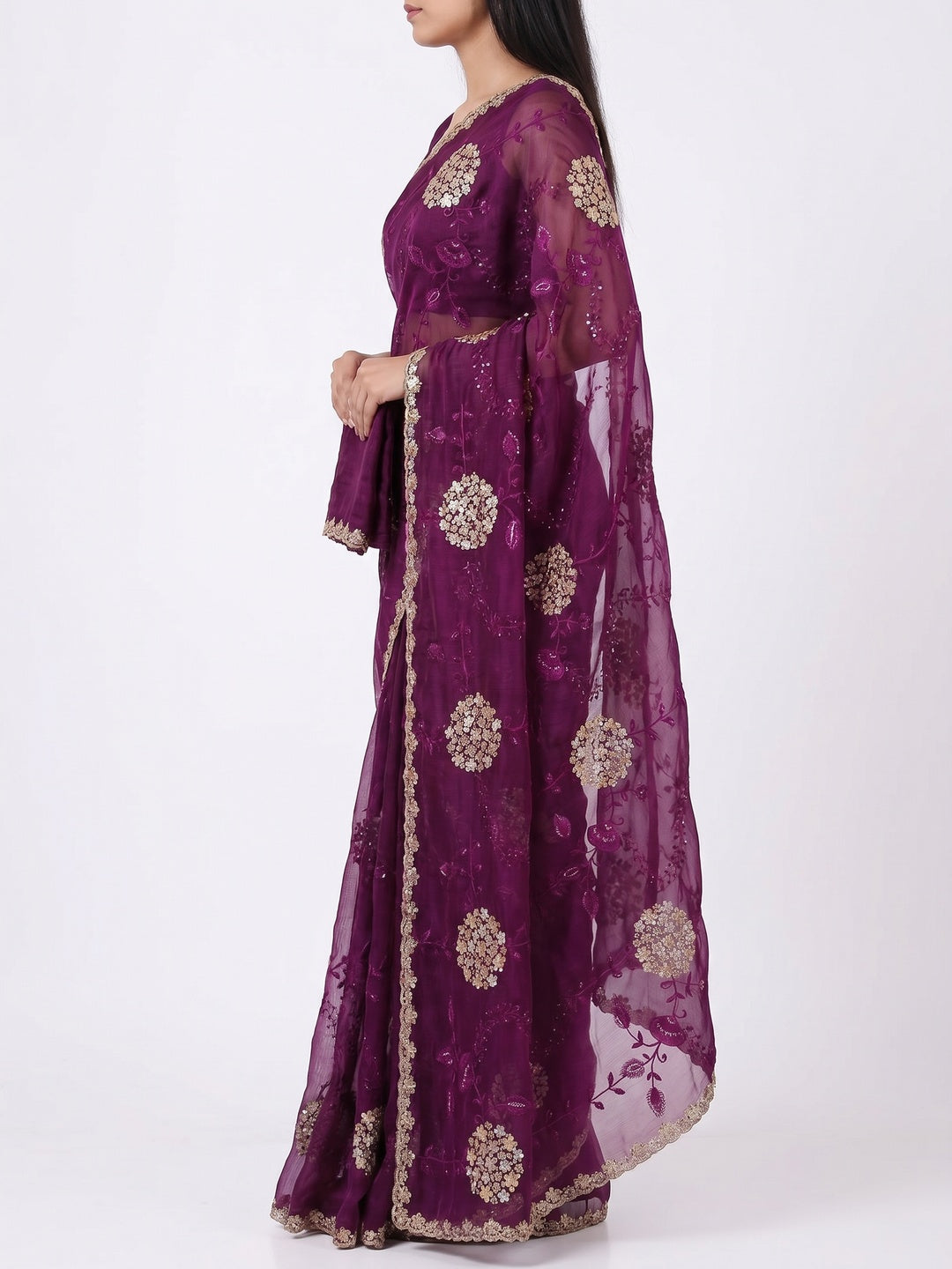 Purple Sequins Embroidered Chiffon Saree - Image 3