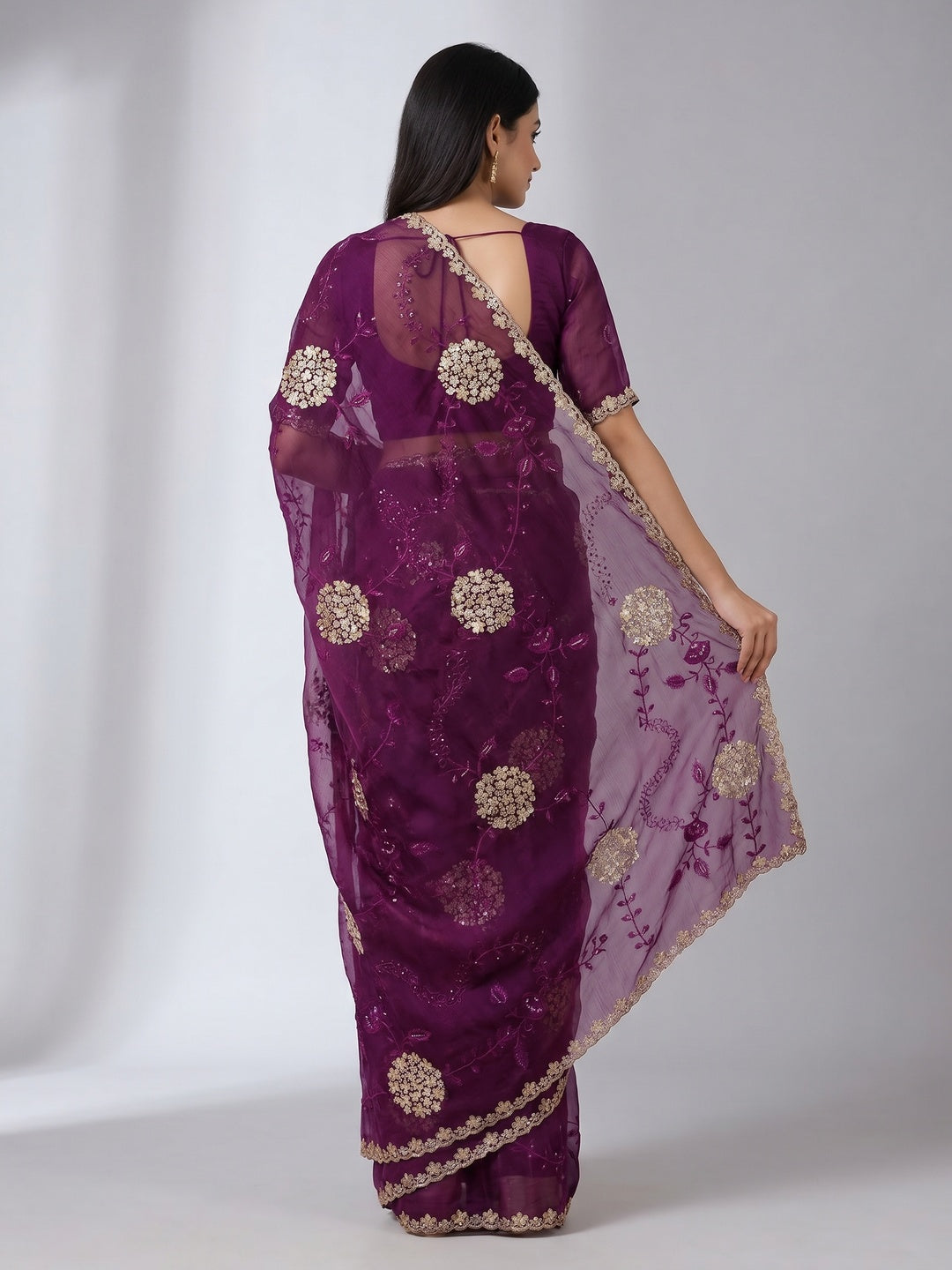 Purple Sequins Embroidered Chiffon Saree - Image 2
