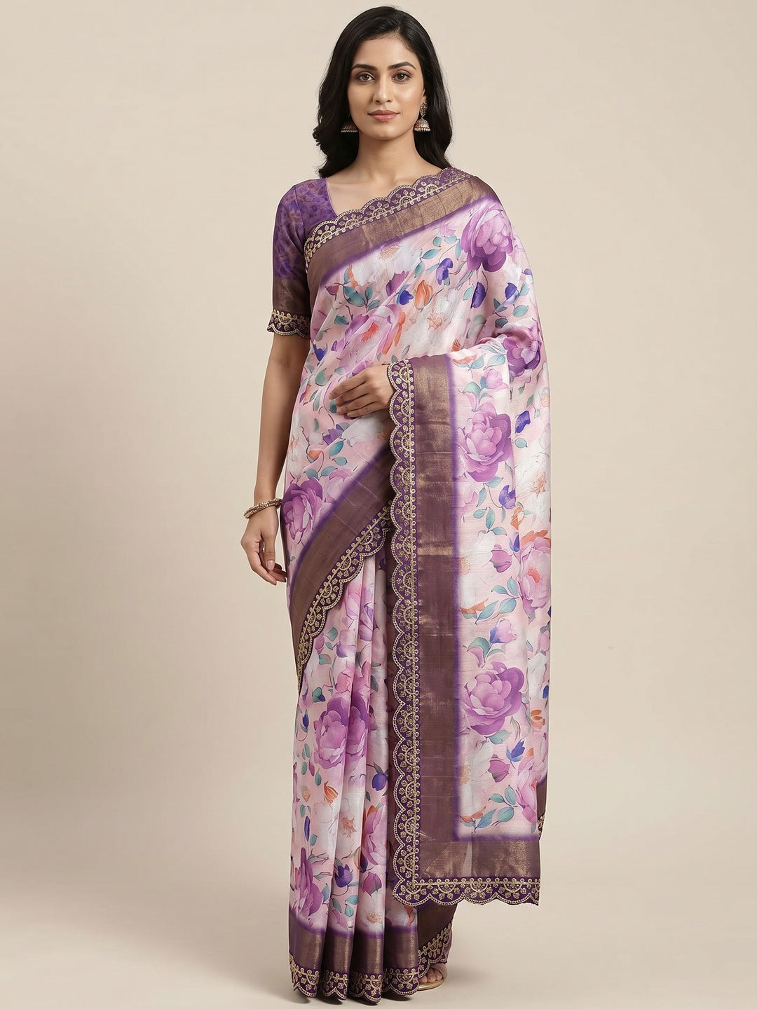 Purple Floral Digital Printed Tussar Silk Saree With Sequins Embroidered Border - Image 1