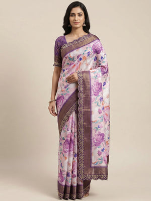 Purple Floral Digital Printed Tussar Silk Saree With Sequins Embroidered Border - Image 1