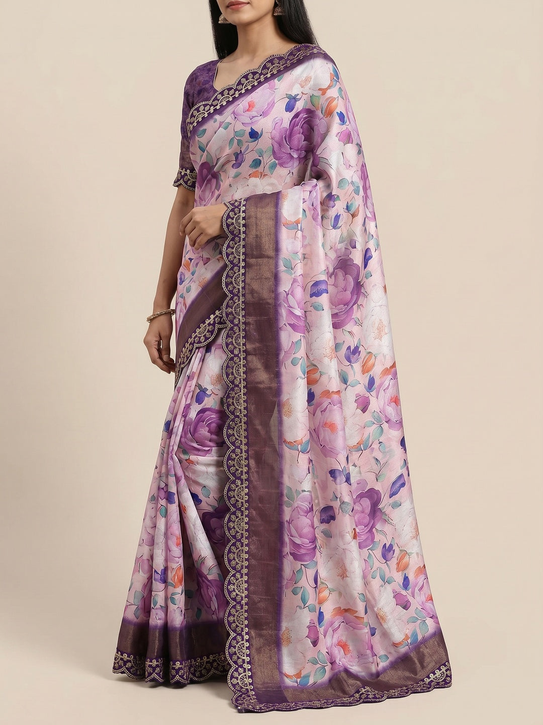 Purple Floral Digital Printed Tussar Silk Saree With Sequins Embroidered Border - Image 3