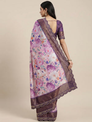 Purple Floral Digital Printed Tussar Silk Saree With Sequins Embroidered Border - Image 2