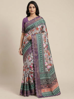 Grey Floral Digital Printed Tussar Silk Saree With Sequins Embroidered Border - Image 1