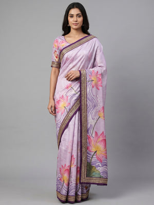 Light Lavender Floral Digital Printed Tussar Silk Saree With Sequins Embroidered Border - Image 1