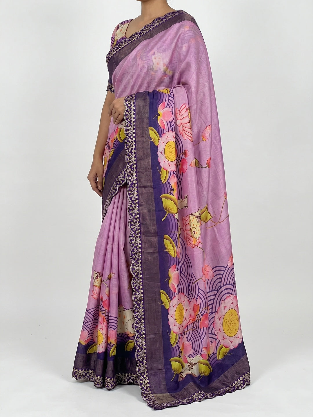 Light Lavender Floral Digital Printed Tussar Silk Saree With Sequins Embroidered Border - Image 3