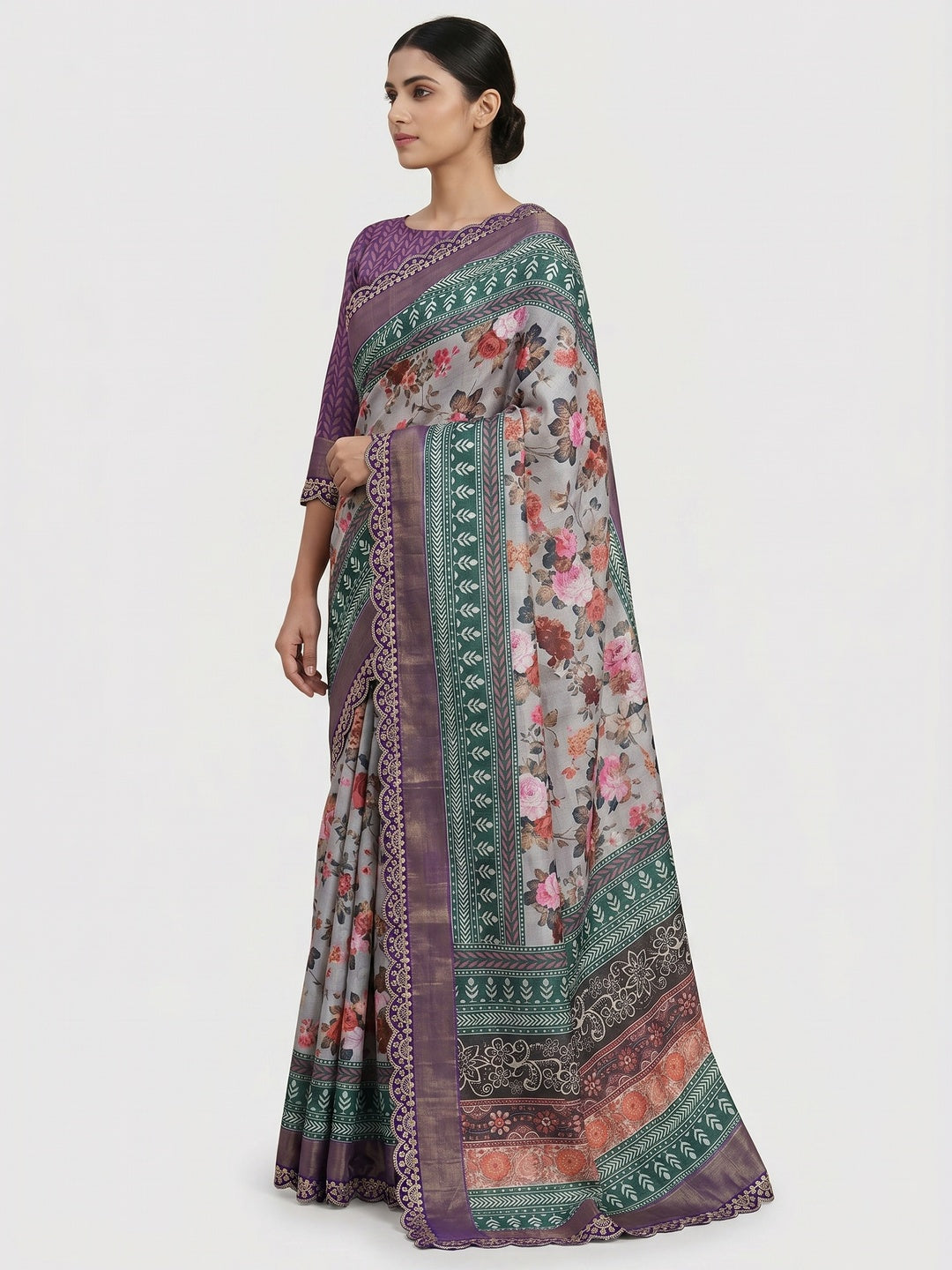 Grey Floral Digital Printed Tussar Silk Saree With Sequins Embroidered Border - Image 3
