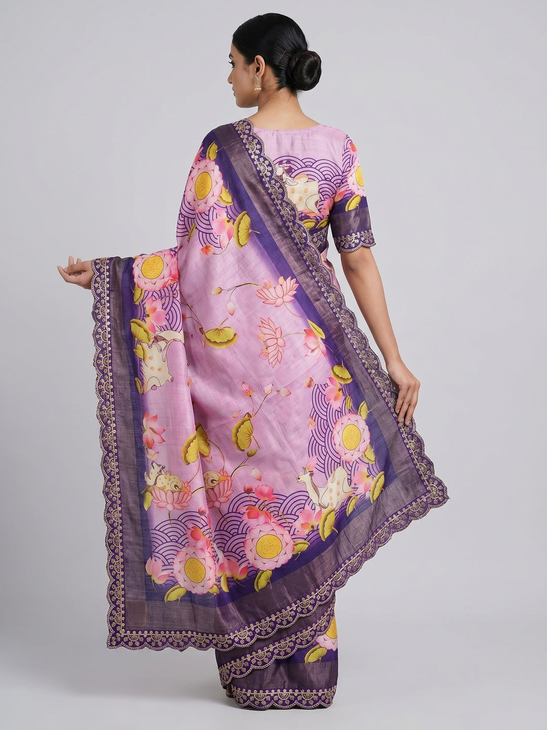 Light Lavender Floral Digital Printed Tussar Silk Saree With Sequins Embroidered Border - Image 2