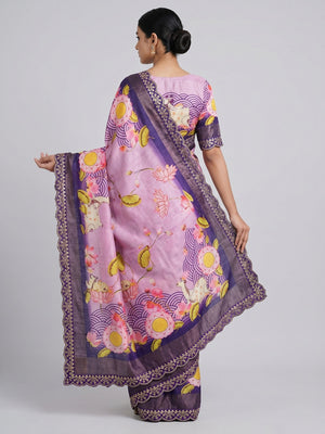 Light Lavender Floral Digital Printed Tussar Silk Saree With Sequins Embroidered Border - Image 2
