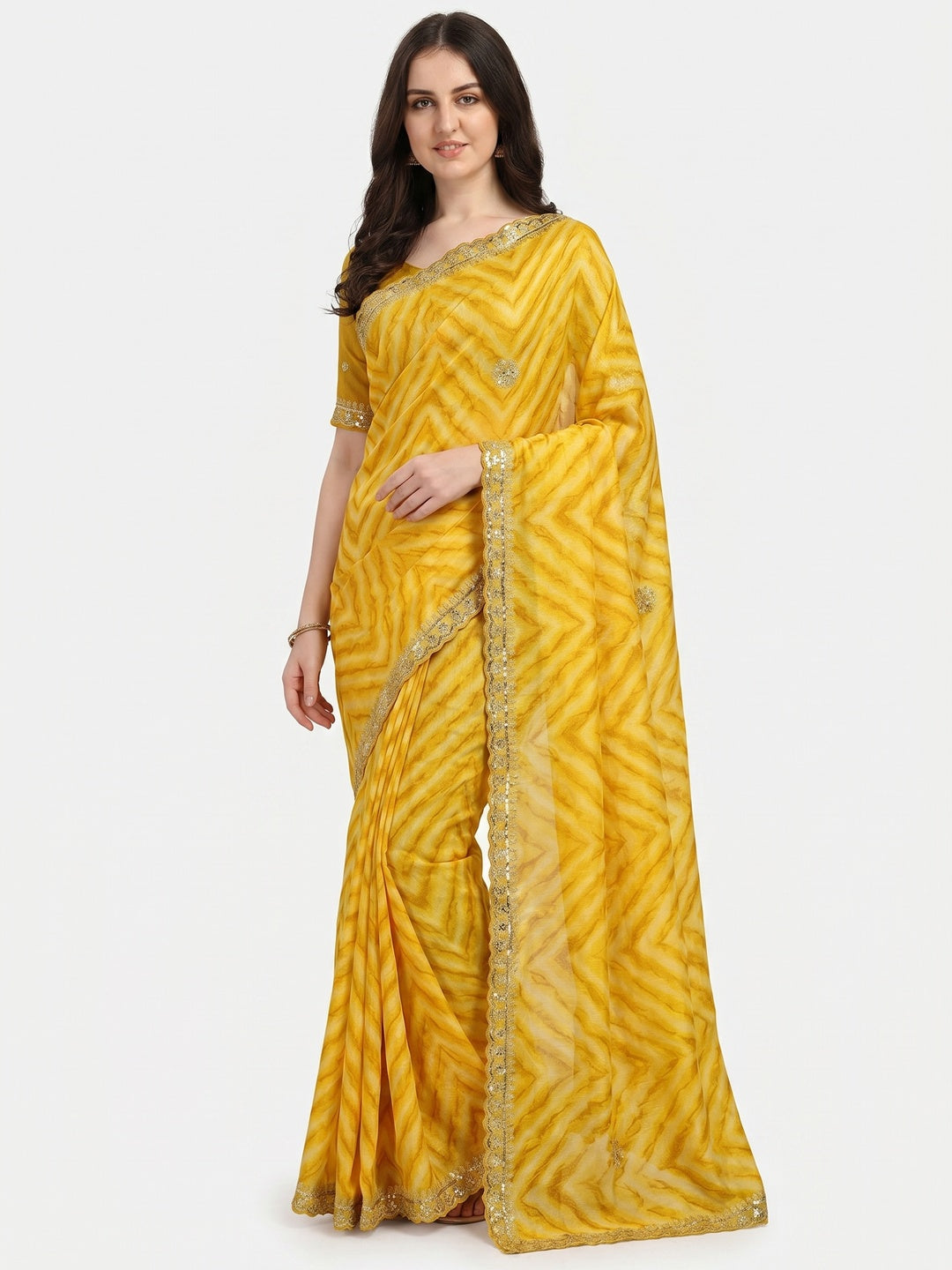 Mustard Leheriya Printed With Sequins Embroidered Chinon Saree - Image 1