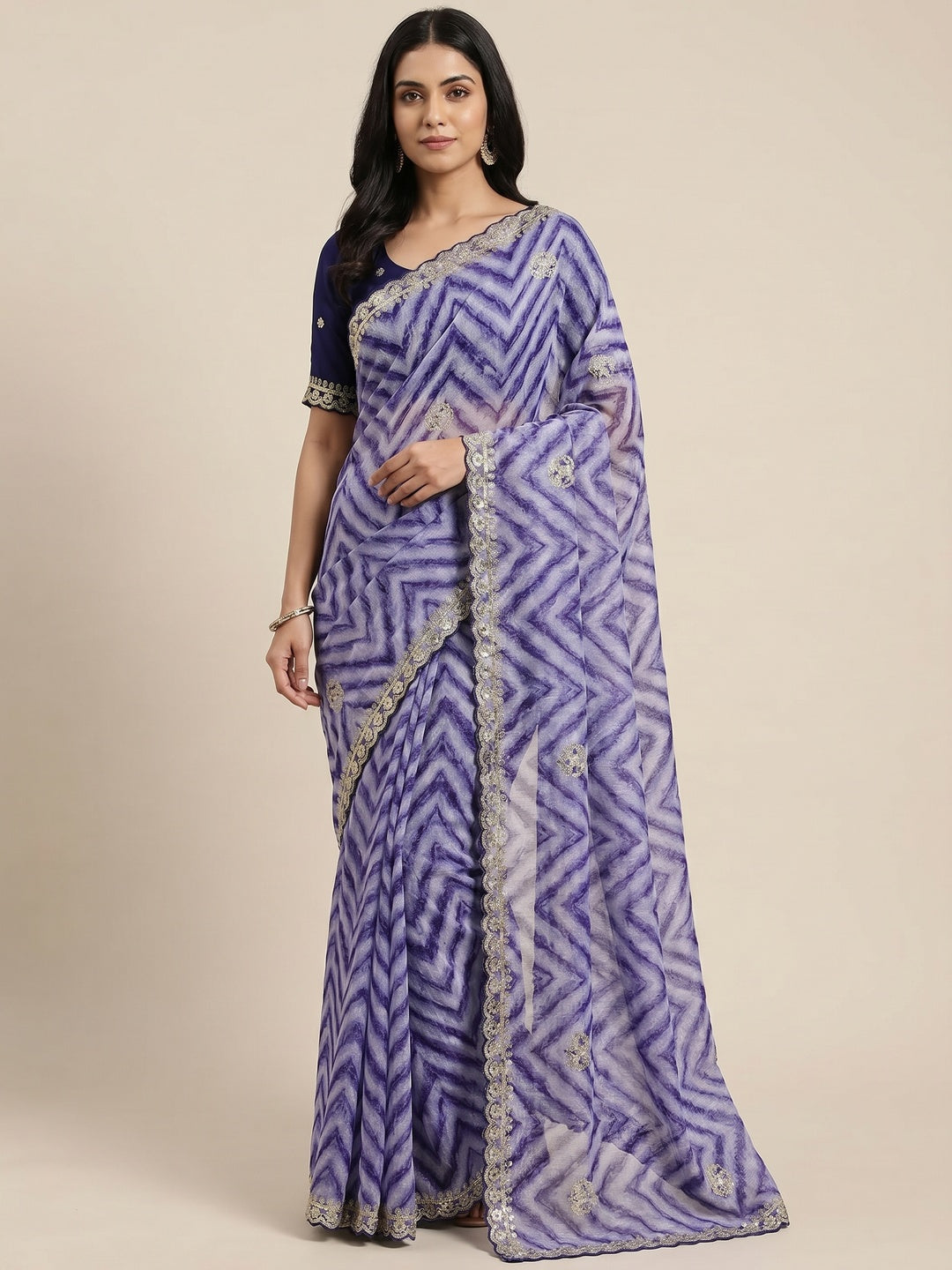 Blue Leheriya Printed With Sequins Embroidered Chinon Saree - Image 1