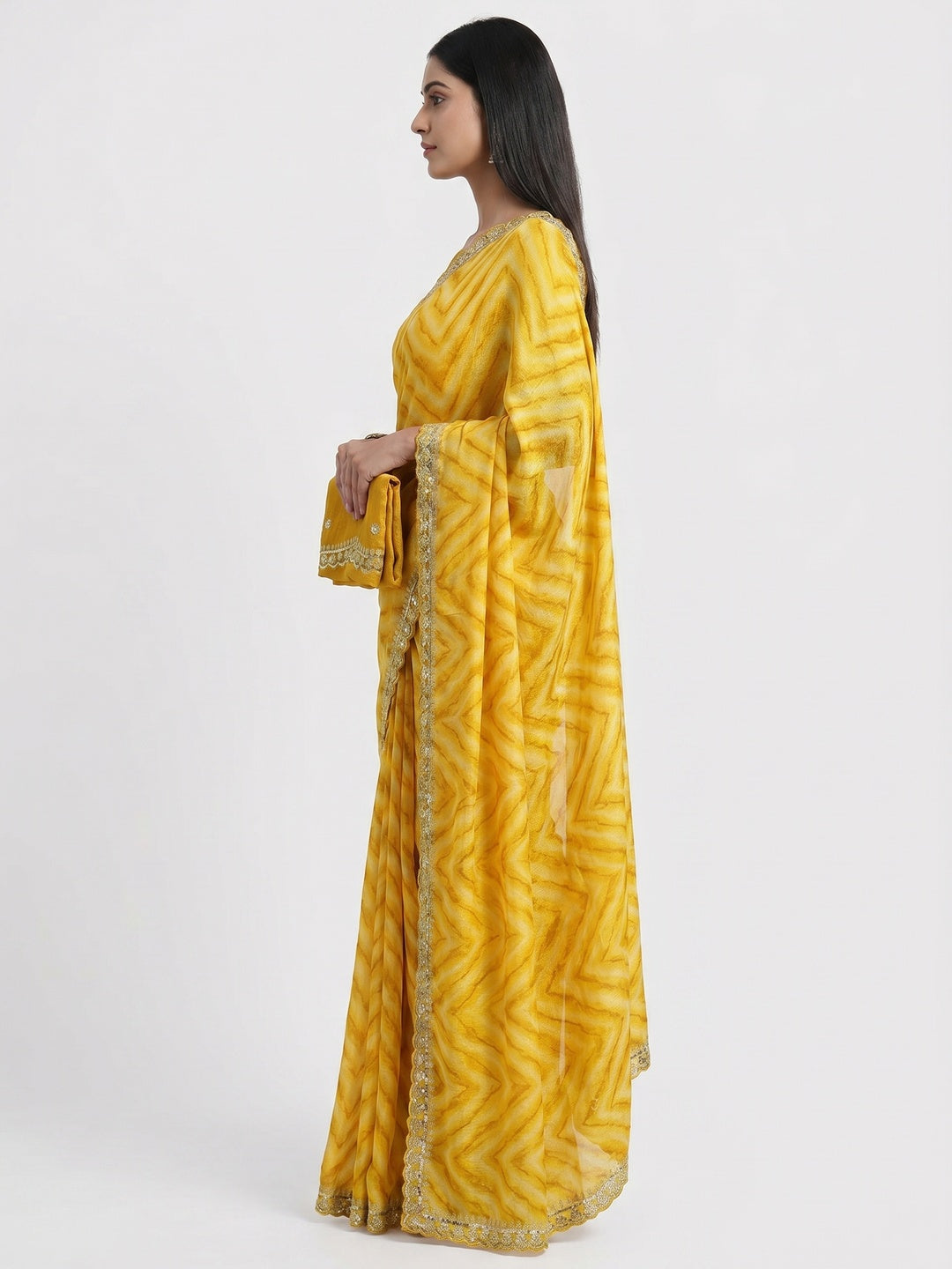 Mustard Leheriya Printed With Sequins Embroidered Chinon Saree - Image 2