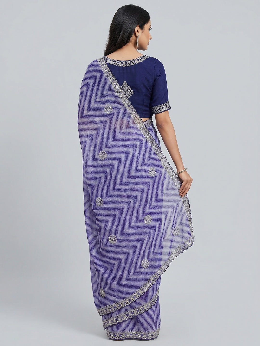 Blue Leheriya Printed With Sequins Embroidered Chinon Saree - Image 3