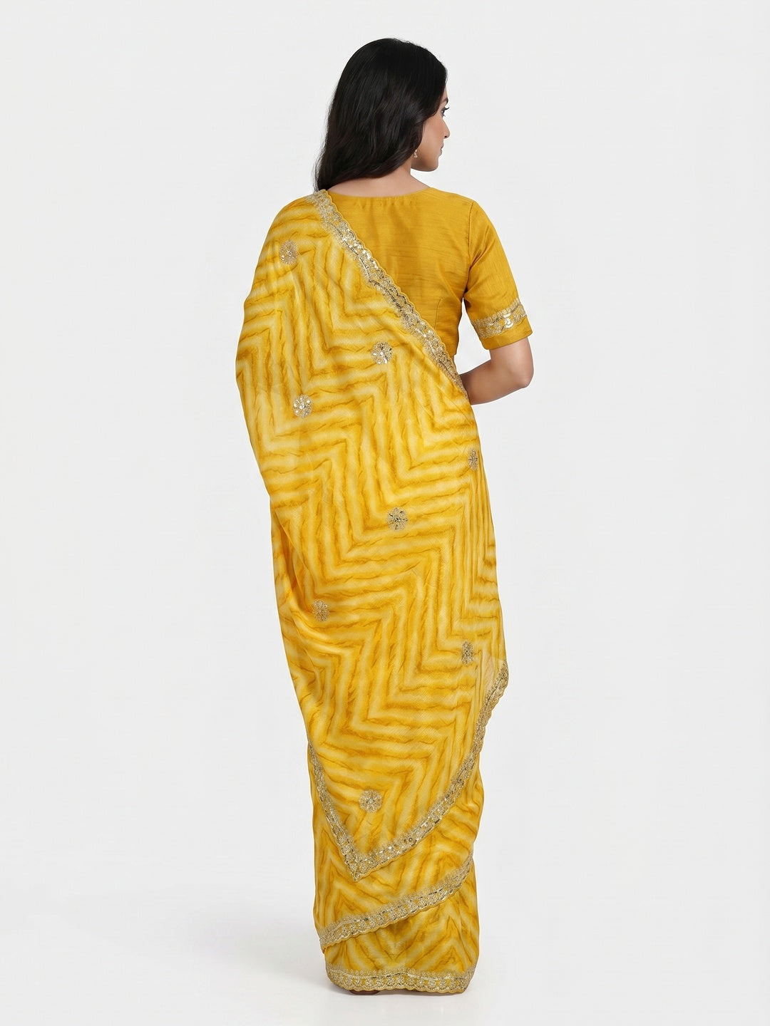 Mustard Leheriya Printed With Sequins Embroidered Chinon Saree - Image 3