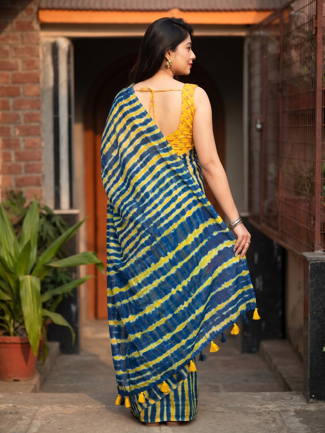Blue & Yellow Shibori Printed Chanderi Saree - Image 2