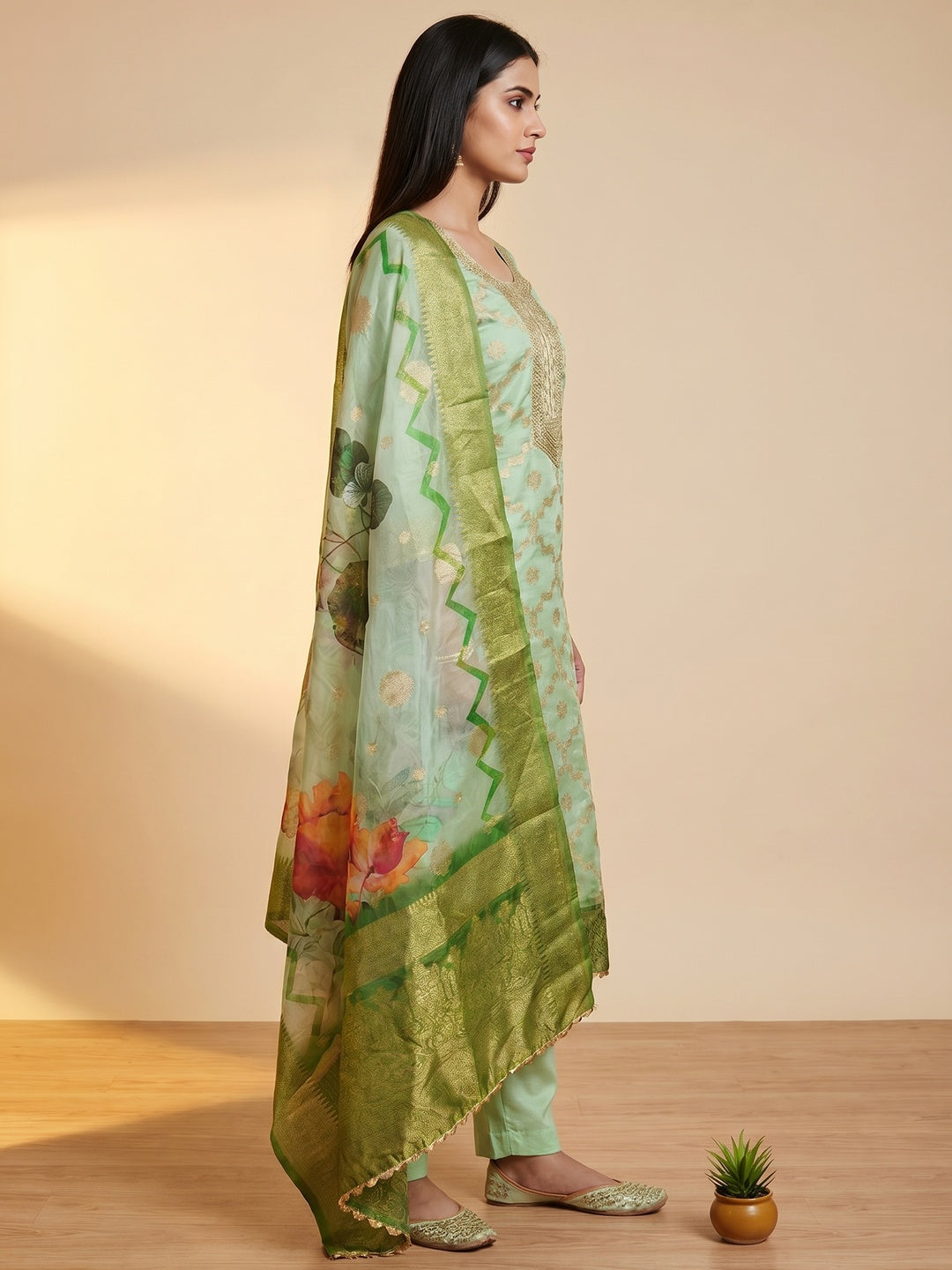 Green Woven Work Organza Dress Material - Image 2