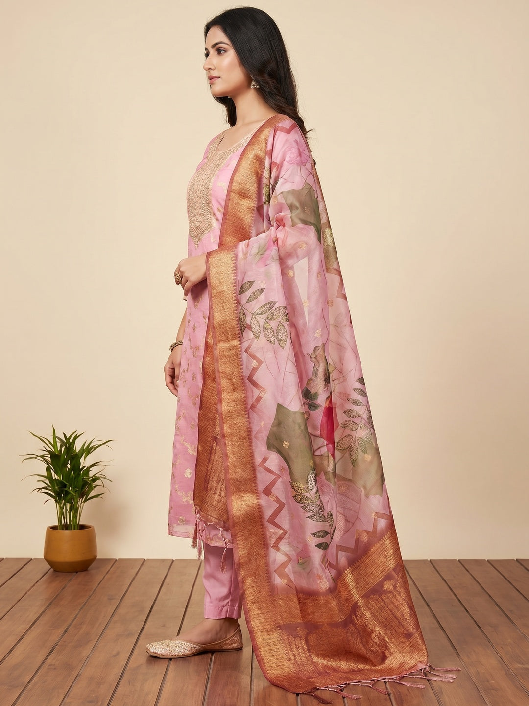 Light Pink Woven Work Organza Dress Material - Image 3