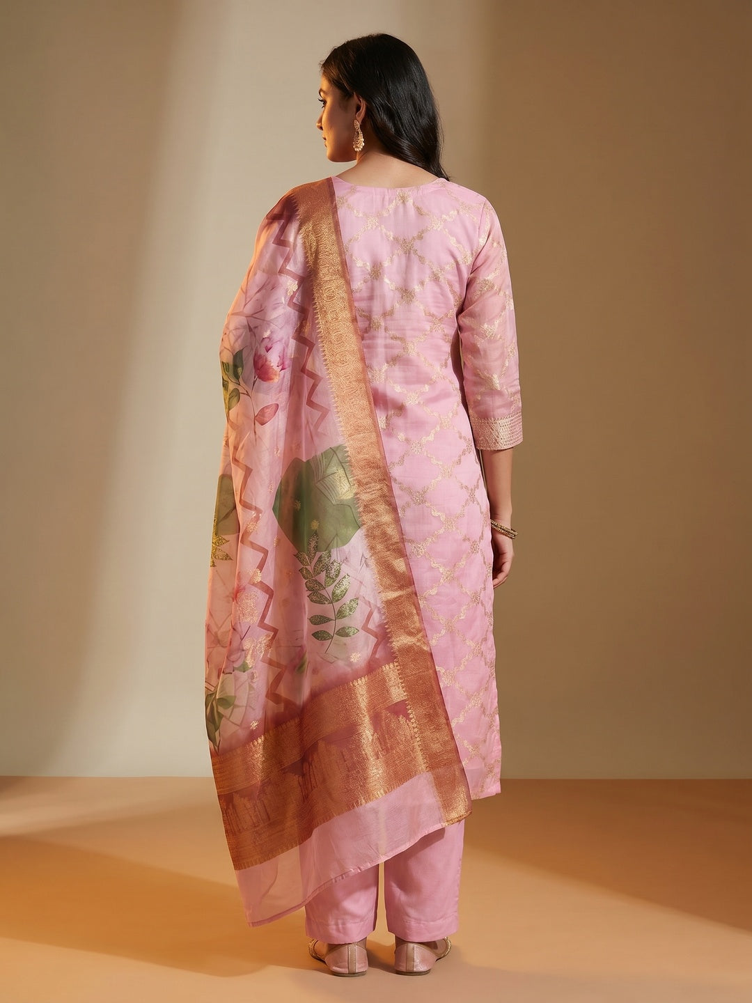 Light Pink Woven Work Organza Dress Material - Image 2