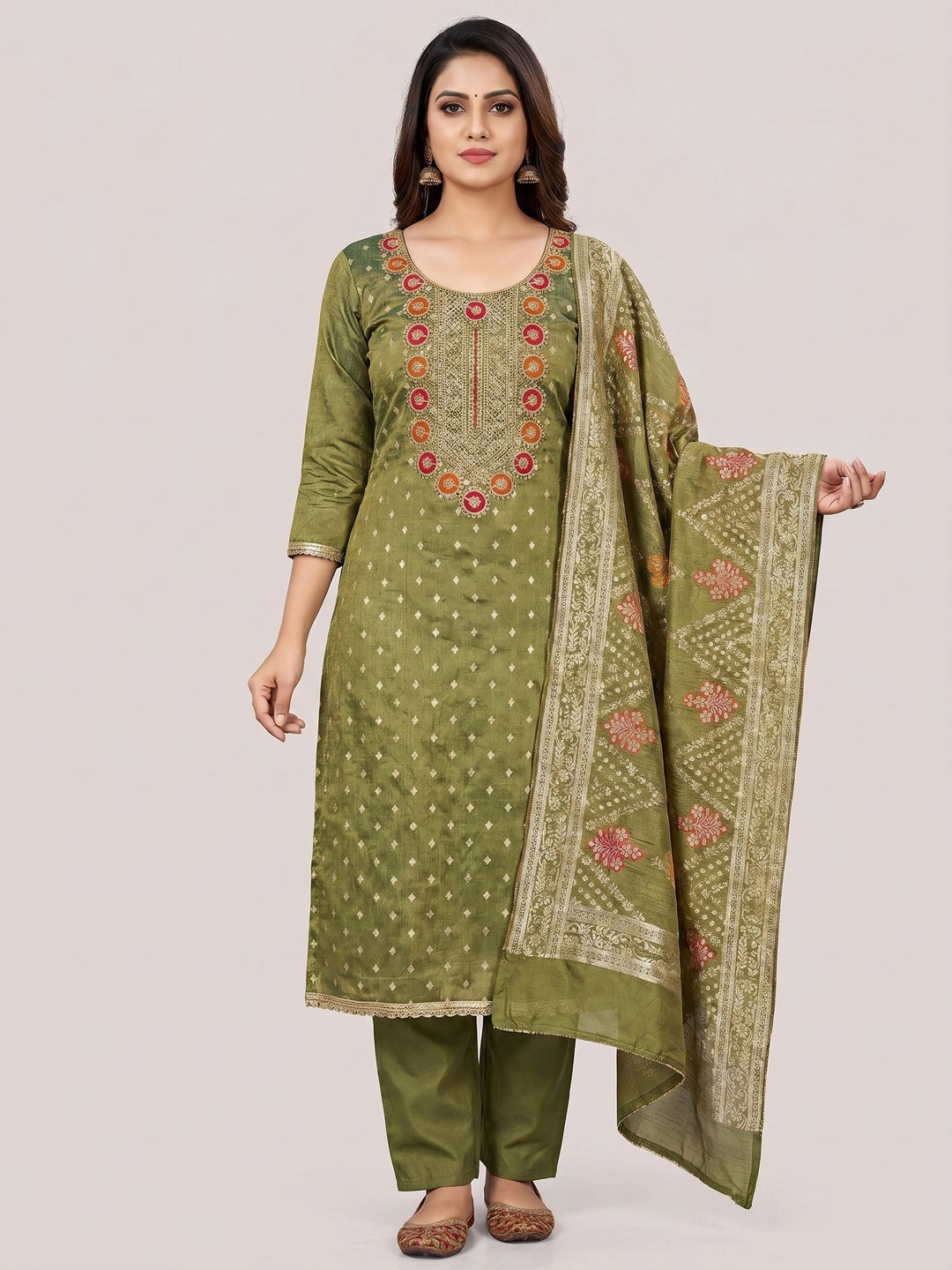 Green Woven With Sequins Embroidered Simmer Cotton Silk Dress Material - Image 1