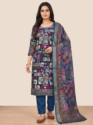 Blue Floral Printed Pure Cotton Dress Material - Image 1