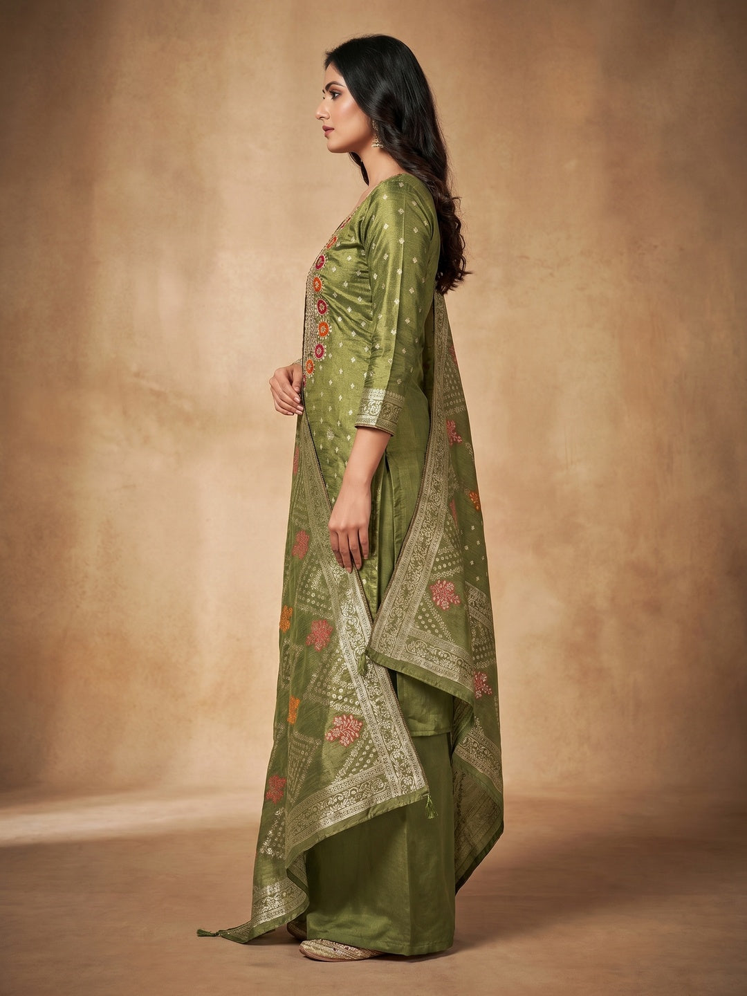 Green Woven With Sequins Embroidered Simmer Cotton Silk Dress Material - Image 3