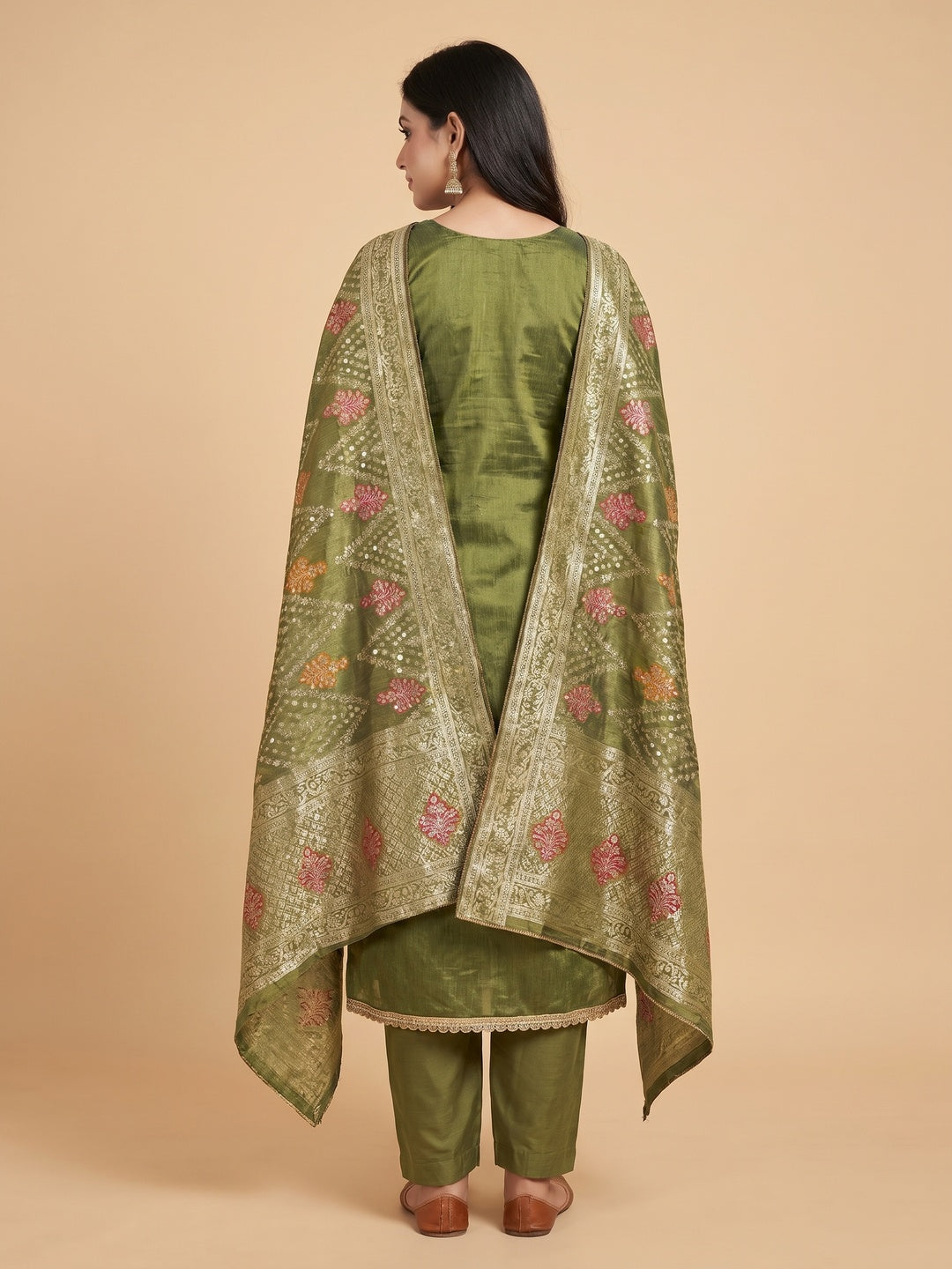 Green Woven With Sequins Embroidered Simmer Cotton Silk Dress Material - Image 2