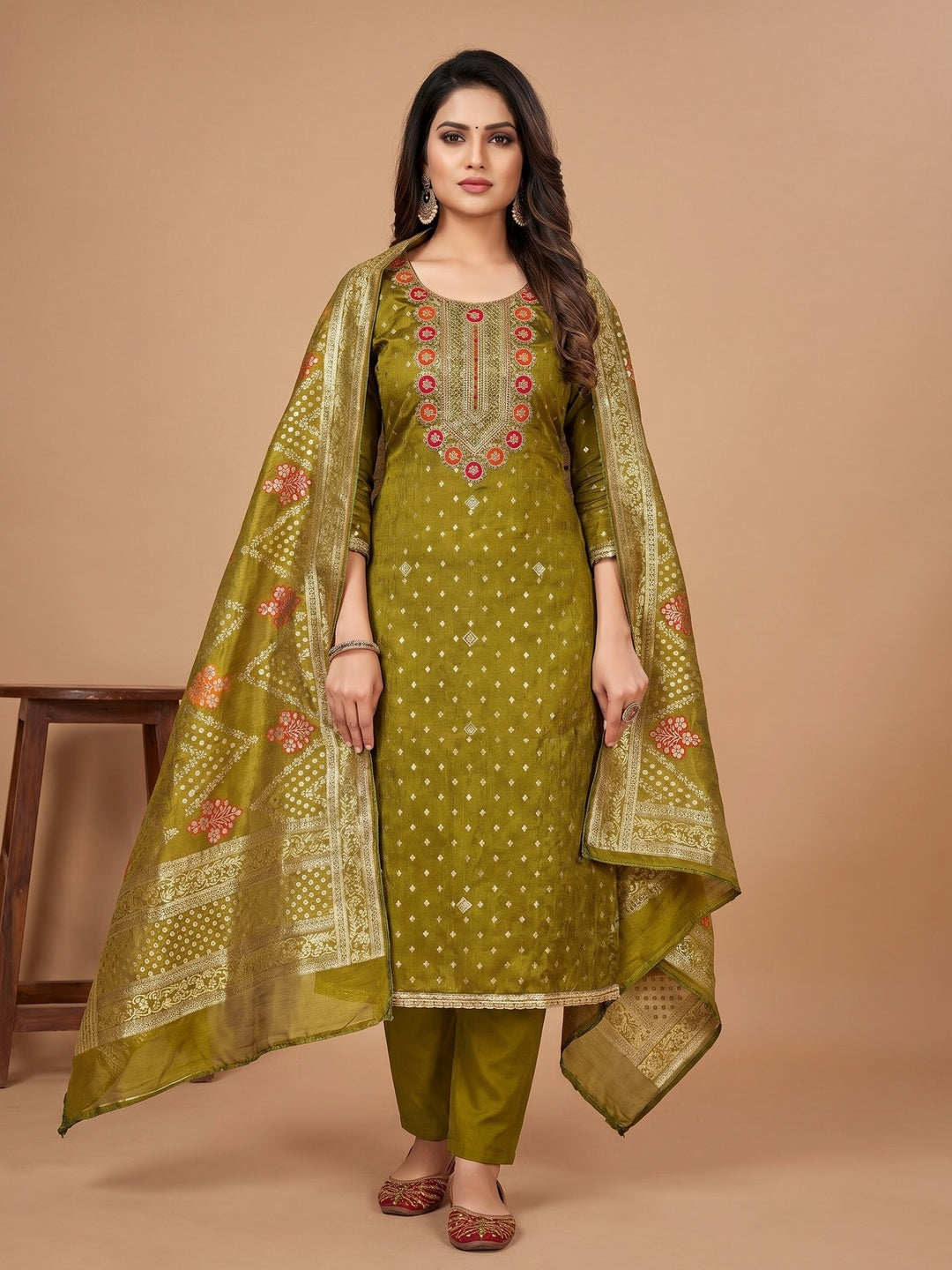 Olive Woven With Sequins Embroidered Simmer Cotton Silk Dress Material - Image 1