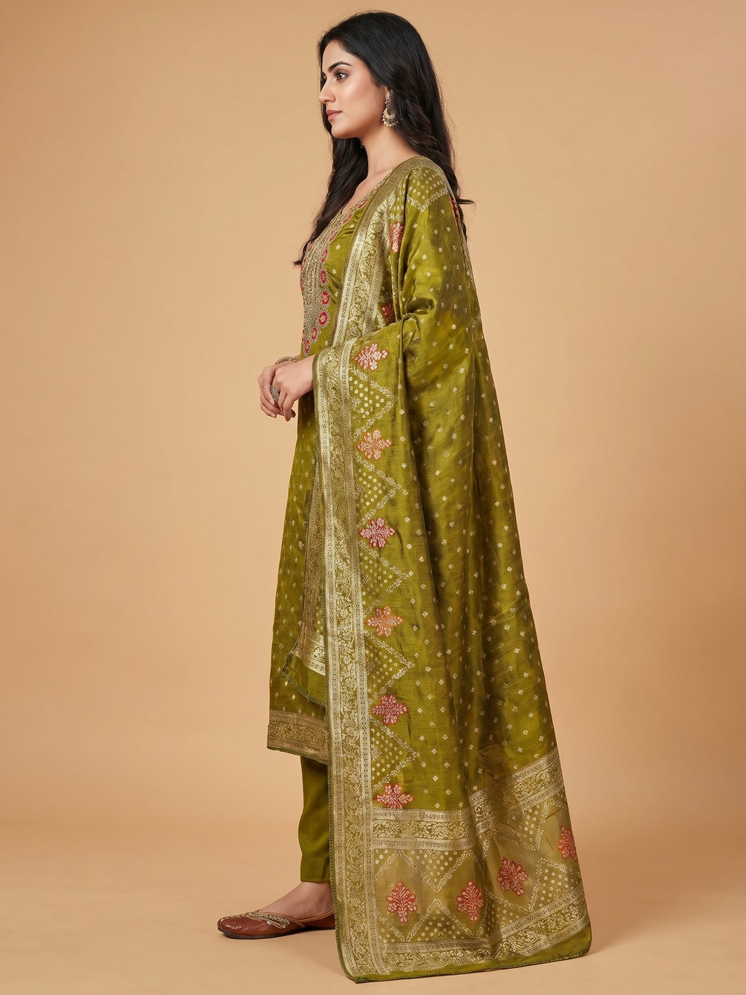 Olive Woven With Sequins Embroidered Simmer Cotton Silk Dress Material - Image 3