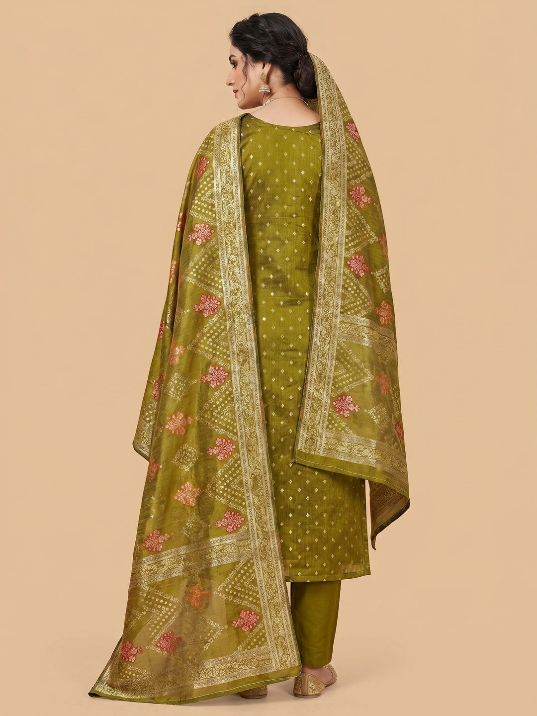 Olive Woven With Sequins Embroidered Simmer Cotton Silk Dress Material - Image 2