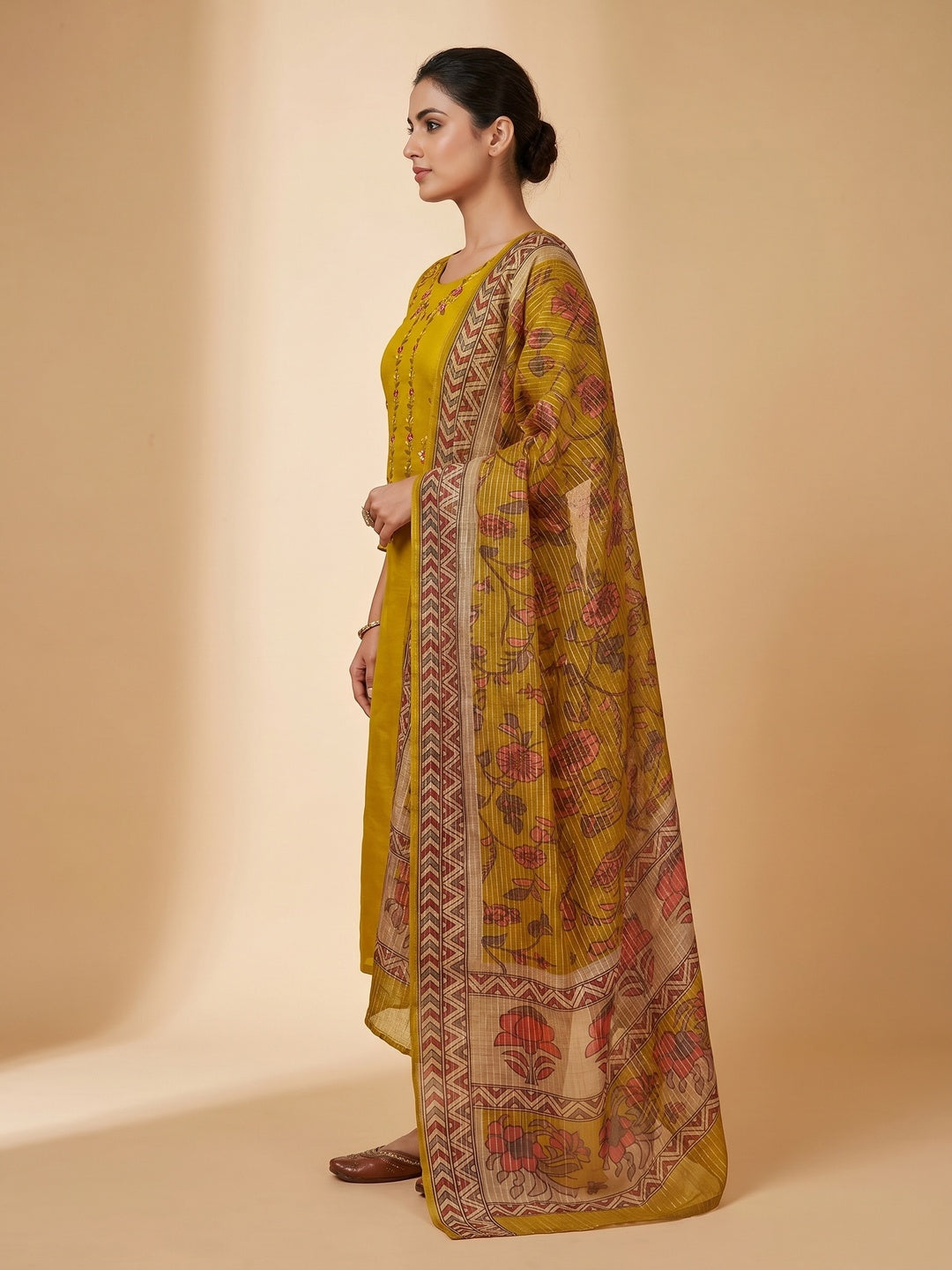 Mustard Floral Embroidered Chanderi Silk Dress Material - Image 3
