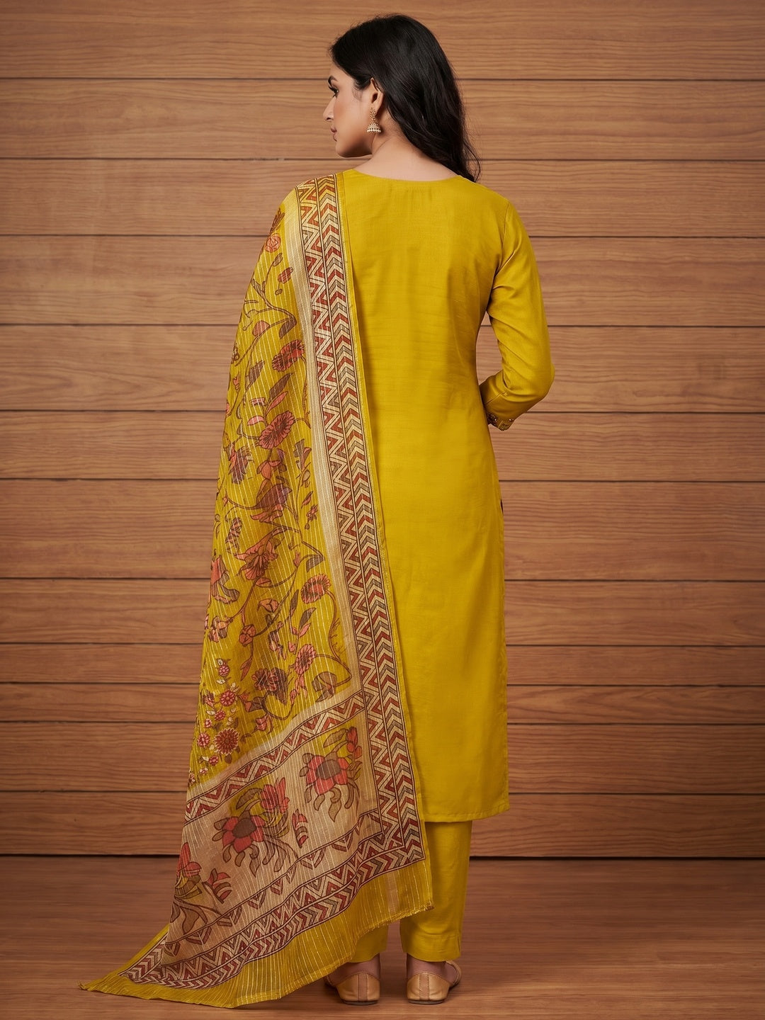 Mustard Floral Embroidered Chanderi Silk Dress Material - Image 2