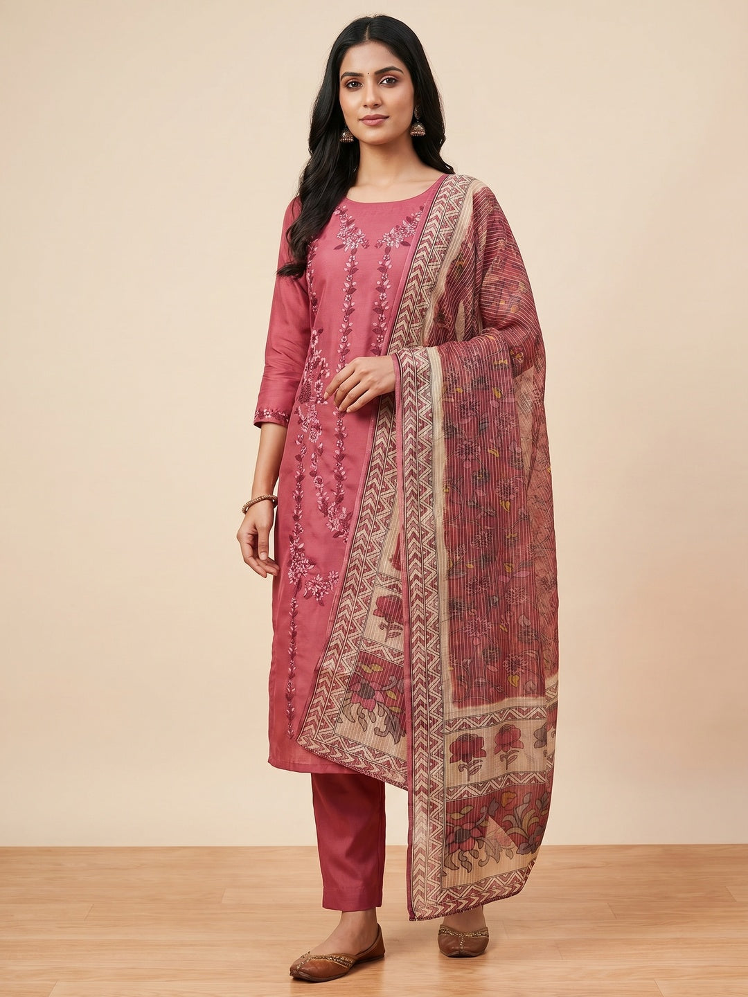 Gajari Pink Floral Embroidered Chanderi Silk Dress Material - Image 1
