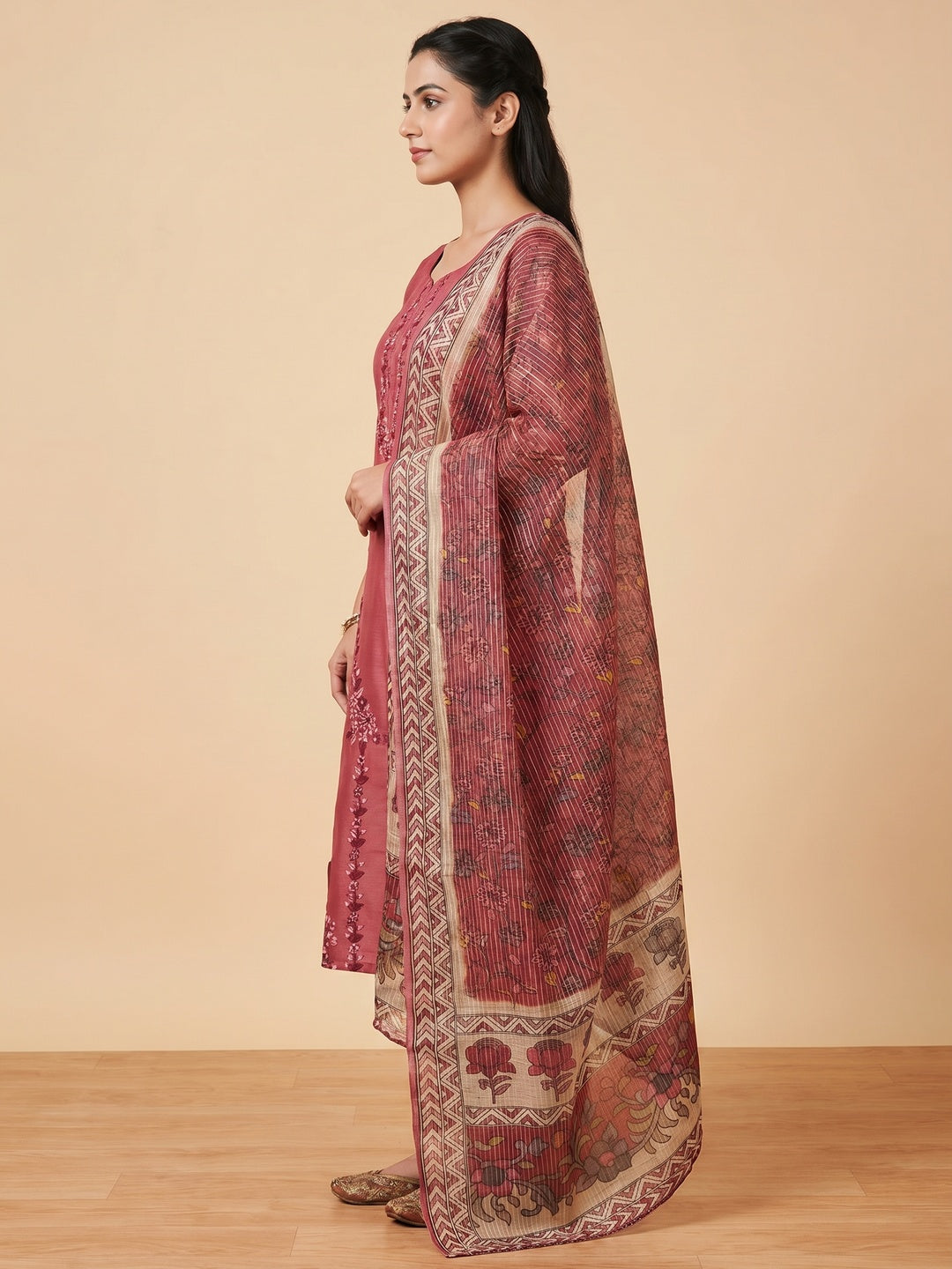 Gajari Pink Floral Embroidered Chanderi Silk Dress Material - Image 2
