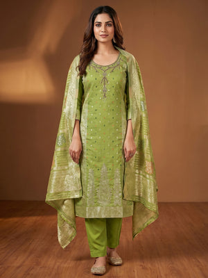 Green Woven With Handwork Simmer Jacquard Dress Material - Image 1