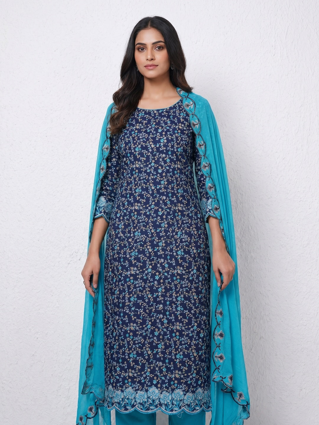 Navy Blue Floral Printed With Embroidery Cotton Silk Dress Material - Image 1