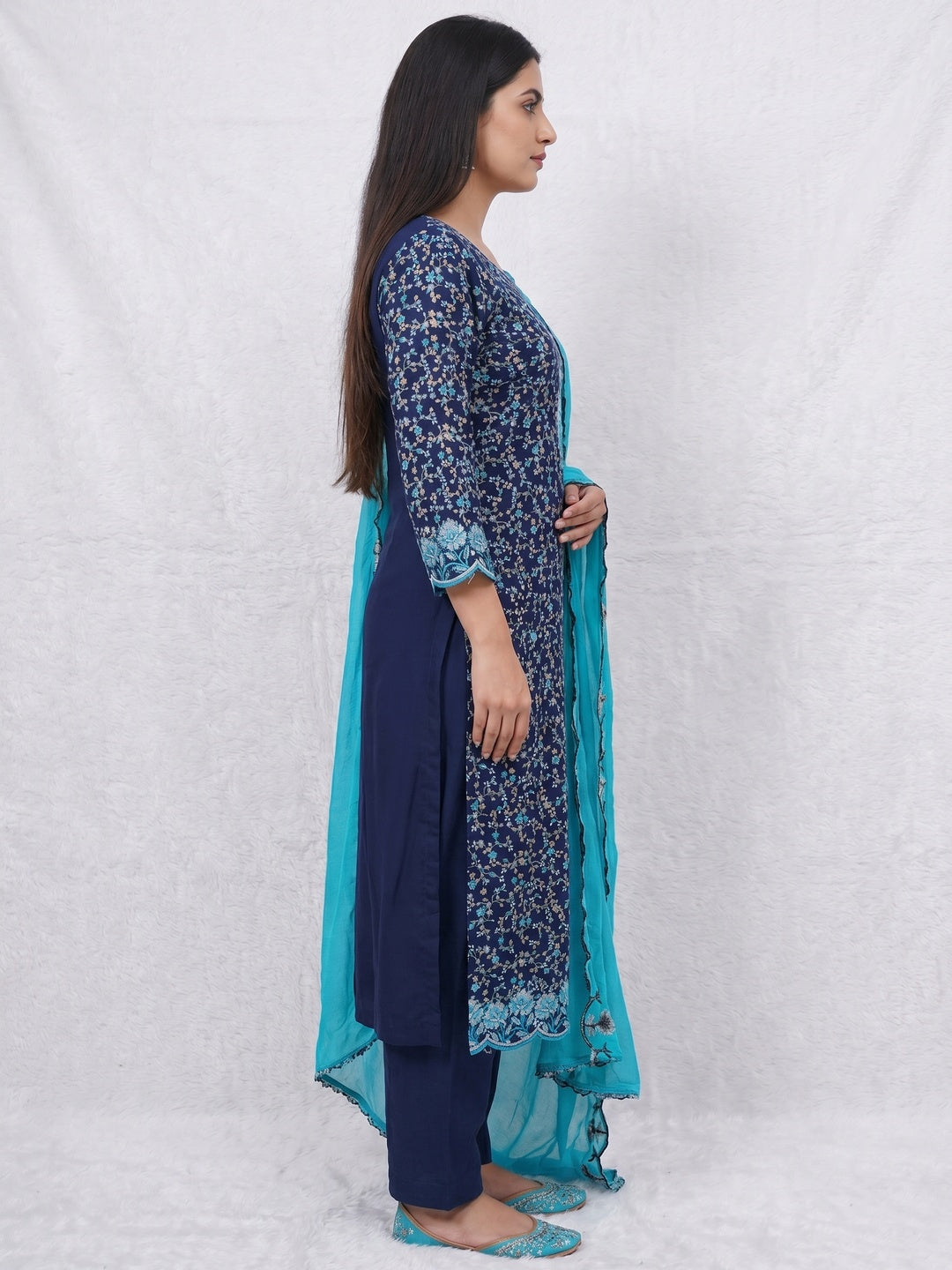Navy Blue Floral Printed With Embroidery Cotton Silk Dress Material - Image 3